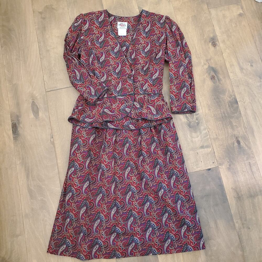 Vintage Paisley Two-Piece Midi Dress in Burgundy and Navy